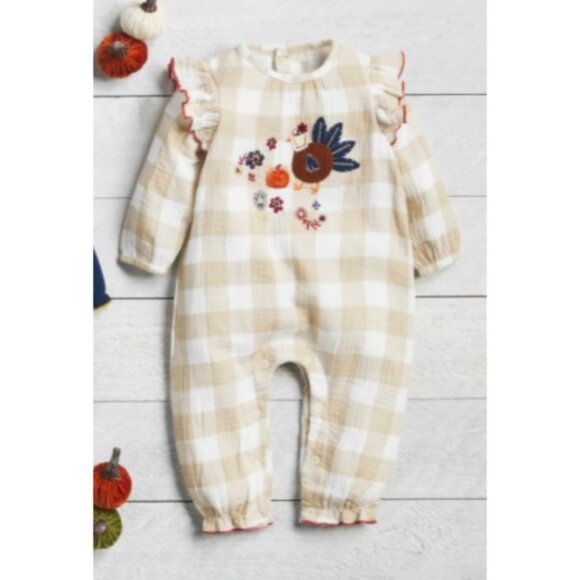 Mud Pie Thanksgiving turkey fall romper jumpsuit 6-9m NWT applique gingham - Picture 4 of 5